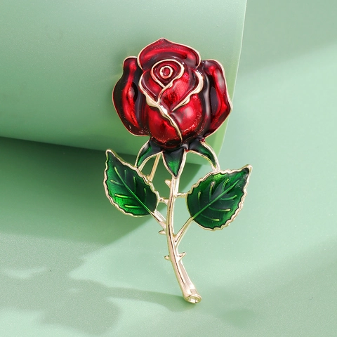 Elegant Alloy Red Rose Flower Brooch Pin With Green Leaf Gold Stem Enamel Vintage Fashion Jewelry For Women Wedding Party