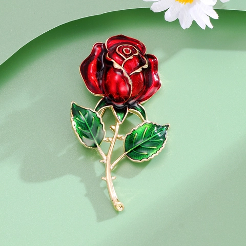 Elegant Alloy Red Rose Flower Brooch Pin With Green Leaf Gold Stem Enamel Vintage Fashion Jewelry For Women Wedding Party