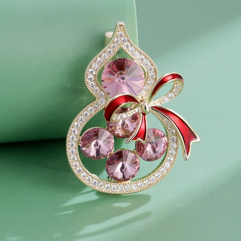 Elegant Zinc Alloy Gourd Brooch With Pink Glass Crystal And Red Enamel Bow Rhinestone Inlaid Fashion Jewelry For Women Gift