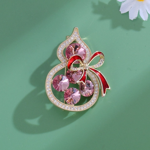 Elegant Zinc Alloy Gourd Brooch With Pink Glass Crystal And Red Enamel Bow Rhinestone Inlaid Fashion Jewelry For Women Gift