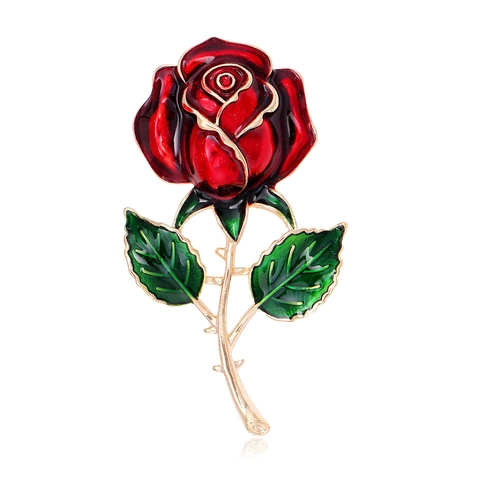 Elegant 3D Red Rose Flower Brooch Pin For Women Vintage Alloy Plant Corsage Accessories For Wedding Banquet Party Jewelry
