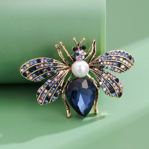 Broche de Abeja Vintage de Lujo para Mujer Aleación Diamante de Imitación Perla Artificial Cristal Azul Profundo Animal Insecto para Boda Banquete