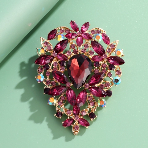 Vintage Alloy Rhinestone Flower Heart Brooch For Women Luxurious Glass Gemstone Clothes Corsage Pin Wedding Party Jewelry