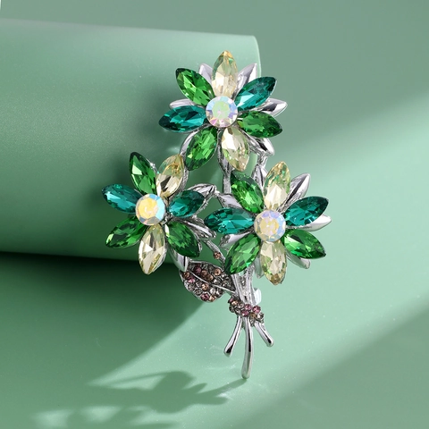 Broche de Ramo de Flores de Cristal de Aleación Vintage para Mujer Elegante Alfiler Floral de Strass Accesorio de Ropa de Banquete de Boda