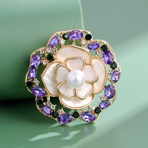 Elegante Broche de Flor de Camelia para Mujer Aleación Vintage Diamantes de Imitación Perla Artificial Concha Corsage Joyería Regalo