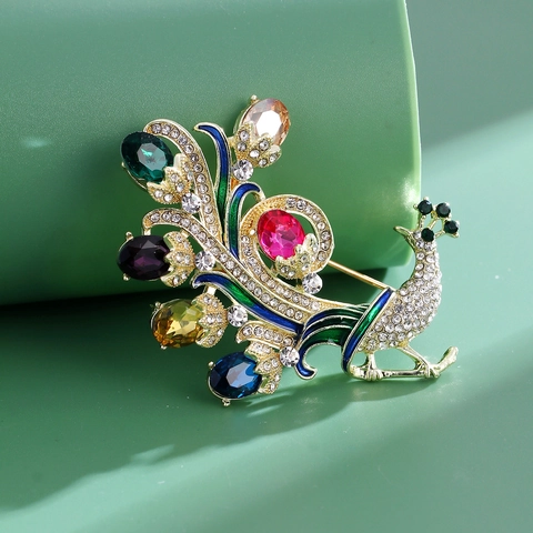 Broche de Pavo Real Vintage de Aleación con Diamantes de Imitación Multicolor Cristal Esmalte para Mujer Boda Banquete Accesorio Vestido