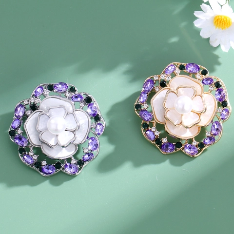Elegante Broche de Flor de Camelia para Mujer Aleación Vintage Diamantes de Imitación Perla Artificial Concha Corsage Joyería Regalo