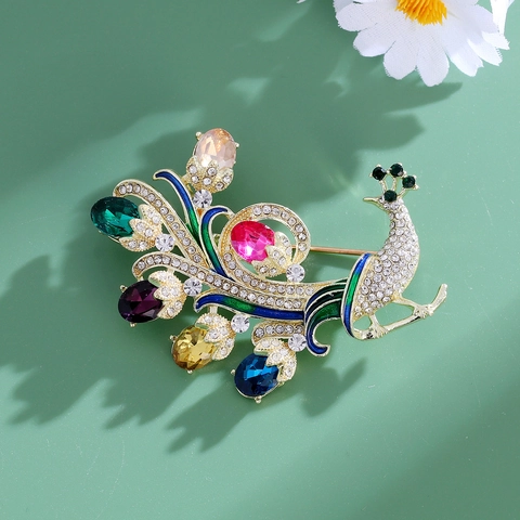 Broche de Pavo Real Vintage de Aleación con Diamantes de Imitación Multicolor Cristal Esmalte para Mujer Boda Banquete Accesorio Vestido