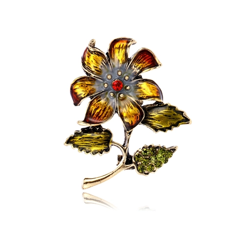 Vintage Alloy Enamel Flower Brooch Elegant Rhinestone Sunflower Lapel Pin For Women Cheongsam Hanfu Jewelry Gift
