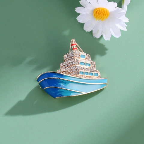 Elegante Broche de Crucero Náutico de Aleación Dorada con Diamantes de Imitación y Esmalte Azul Blanco Alfiler de Solapa para Mujer Joyería