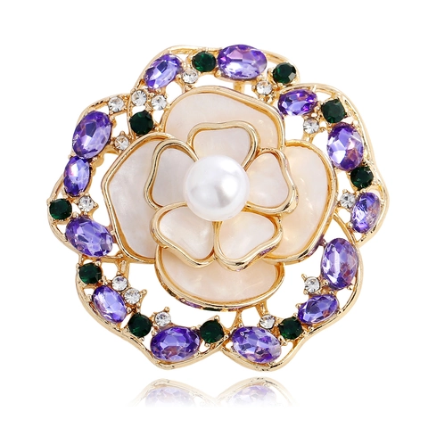 Broche Élégante en Forme de Camélia pour Femmes Alliage Perle Artificielle Strass Incrusté Corsage Floral Vintage Français Bijoux de Mode