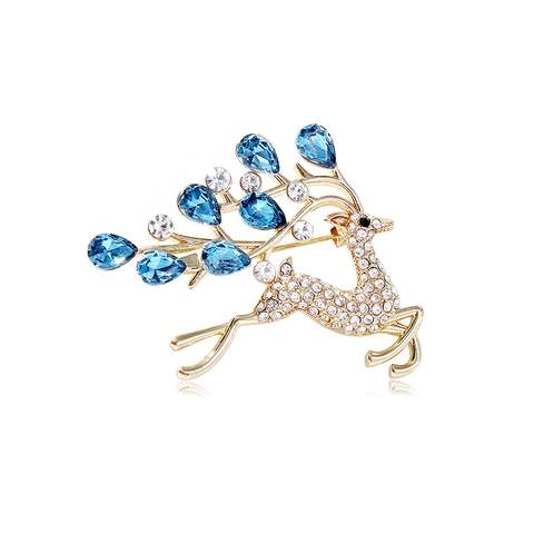 Eleganter Goldlegierung Rentier Brosche Für Damen Mit Weißen Strasssteinen Und Blauen Tränenkristallen Mode Tier Anzug Anstecknadel