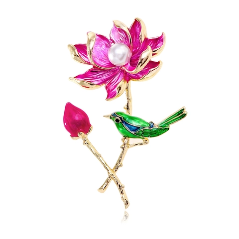 Broche de Esmalte de Estilo Chino Vintage de Loto y Pájaro para Mujer Aleación Bañada en Oro Perla Artificial Flor Ramillete Joyería