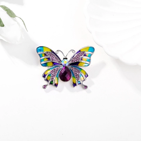 Vintage Court Style Enamel Butterfly Brooch For Women Alloy Rhinestone Purple Crystal Drip Oil Pin Suit Corsage Elegant Jewelry Accessory
