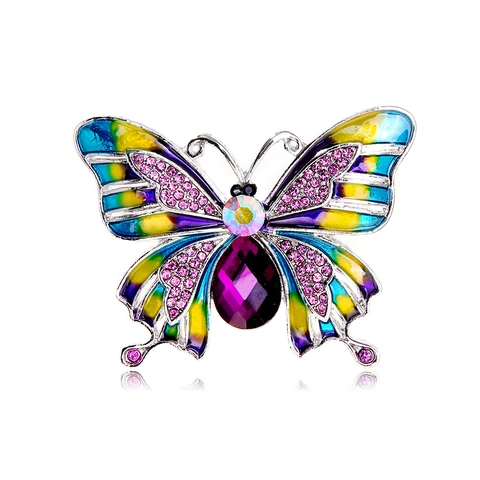 Vintage Court Style Enamel Butterfly Brooch For Women Alloy Rhinestone Purple Crystal Drip Oil Pin Suit Corsage Elegant Jewelry Accessory
