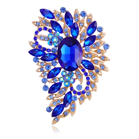 Vintage Luxury Alloy Rhinestone Glass Flower Brooch Large Geometric Crystal Pin For Wedding Party Women Men Jewelry