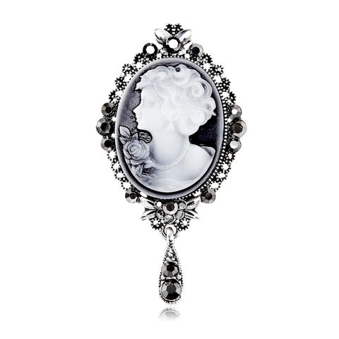 Vintage Victorian Style Alloy Rhinestone Cameo Brooch With Teardrop Pendant For Women Elegant Portrait Brooch Pin Jewelry