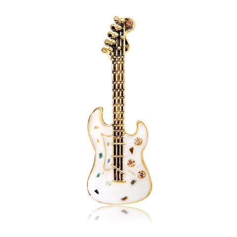 Vintage British Style Electric Guitar Brooch Alloy Enamel Rhinestone Shell Texture Lapel Pin Musical Jewelry For Women Men