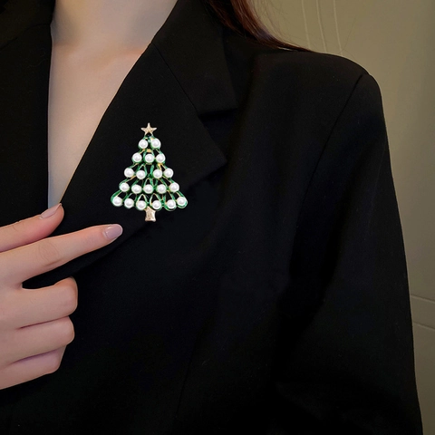 Christmas Tree Brooch Gold Plated Alloy Green Enamel Faux Pearl Pin Festive Xmas Jewelry Gift For Women