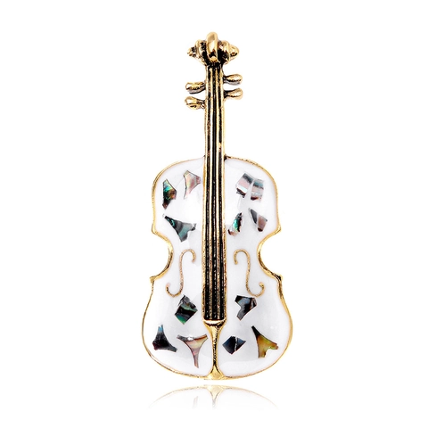 Broche de Violín de Aleación Vintage con Concha Iridiscente Esmalte Instrumento Musical Retro Corsage Bañado en Oro para Mujer