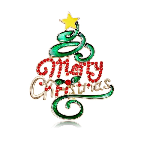 Christmas Tree Brooch With Enamel Rhinestone Merry Christmas Letter Alloy Pin For Women Men Holiday Party Jewelry Gift