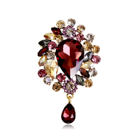 Vintage Luxury Alloy Crystal Flower Brooch With Water Drop Pendant Rhinestone Corsage Pin For Women Party Wedding Jewelry