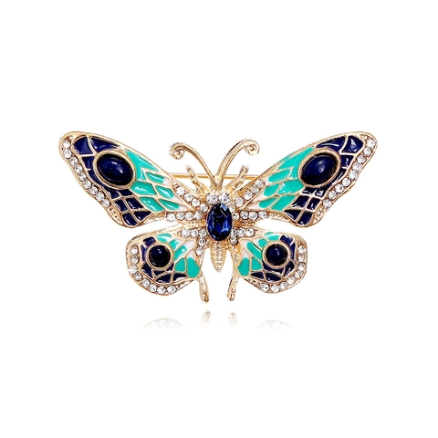 Vintage Legierung Emaille Schmetterling Brosche Für Damen Strass Kristall Tier Korsage Goldton Blau Grün Mode Schmuck