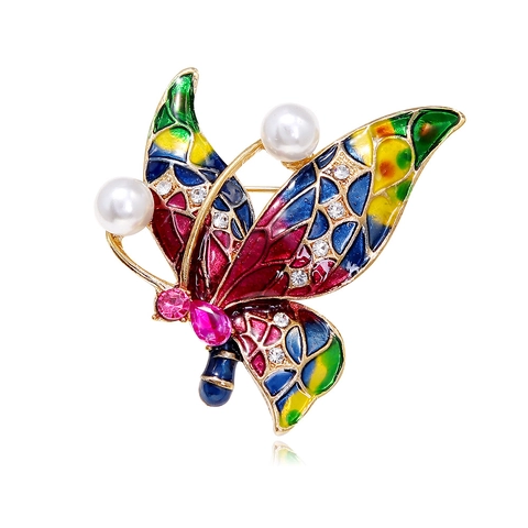 Vintage Gold Alloy Butterfly Brooch With Multicolor Enamel Rhinestone And Faux Artificial Pearl Animal Corsage For Women Wedding Jewelry