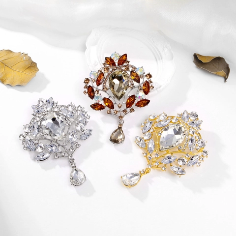 Vintage Palace Style Water Drop Brooch Pin For Women Multi-color Rhinestone Alloy Crystal Corsage Jewelry For Party Wedding