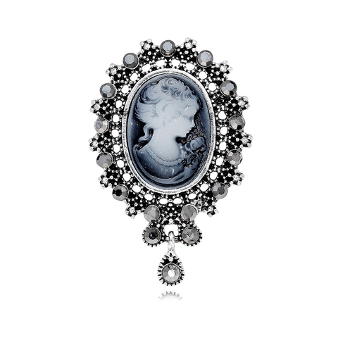 Vintage Victorian Cameo Lady Head Brooch Alloy Rhinestone Waterdrop Pendant Pin For Women Antique Style Fashion Jewelry