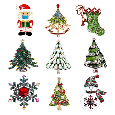 Broche de Navidad Vintage Aleación Diamante de Imitación Esmalte Árbol de Navidad Muñeco de Nieve Reno Joyería Navideña para Mujeres Hombres Fiesta