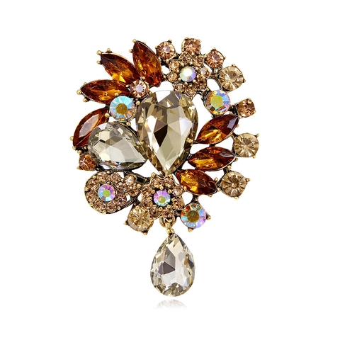 Spilla a Fiore in Lega Vintage per Donna con Cristallo Ambra e Strass per Banchetto Matrimonio Festa Accessori Gioielli per Cappotto