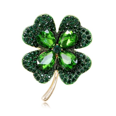 Luxury Alloy Rhinestone Four Leaf Clover Brooch Pin For Women Men Vintage Green Red Crystal Brooch Fashion Jewelry Gift
