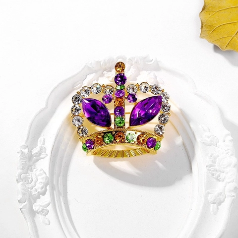 Vintage Luxurious Crown Brooch Gold Plated Alloy With Colorful Rhinestones Crystals Pin For Women Suit Jewelry Accessories