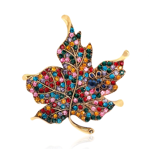 Broche Vintage de Hoja de Arce Colorida para Mujer Diamantes de Imitación Exagerados Corsage de Planta Aleación Oro Antiguo Joyería