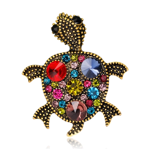Spilla Tartaruga Vintage Lega Oro Antico Strass Multicolore Gioielli Animali Per Donne