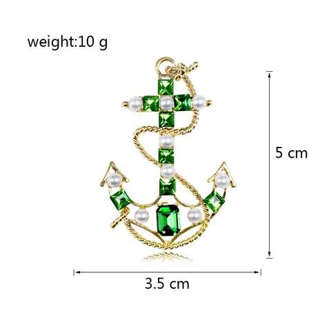 Retro Baroque Anchor Brooch For Women Men Zinc Alloy Green Rhinestone Artificial Pearl Nautical Style Suit Lapel Pin Jewelry