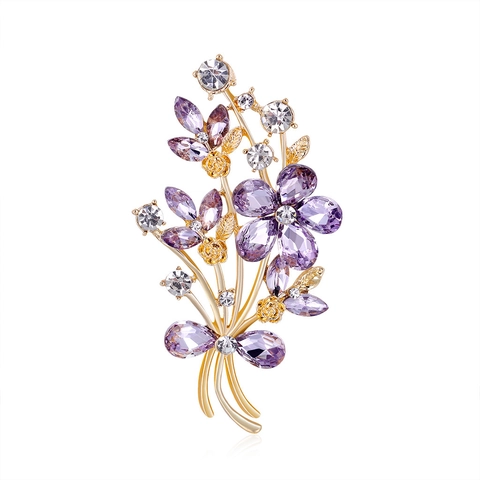 Vintage Alloy Rhinestone Glass Flower Bouquet Brooch For Women Elegant Purple Gold Crystal Floral Corsage Pin For Wedding Banquet