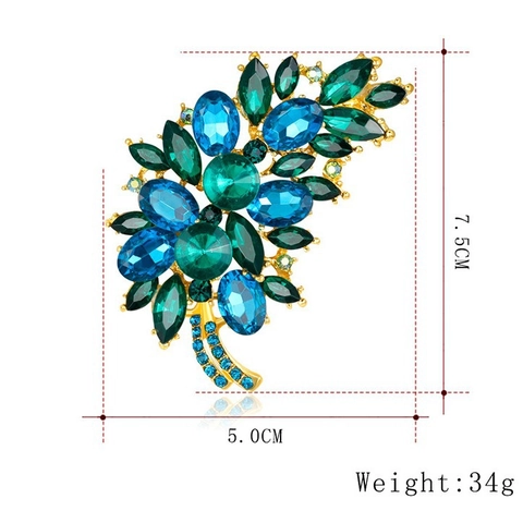 Broche Vintage en Alliage Fleur Feuille Avec Strass Colorés Cristal Pierre Précieuse Élégante Épingle Florale pour Femmes Mariage