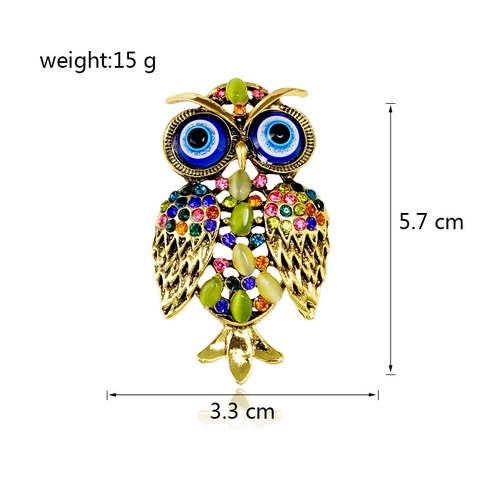 Vintage Gold Plated Owl Brooch For Women Luxury Rhinestone Inlaid Animal Breastpin With Evil Eye Design Fashion Clothing Accessories