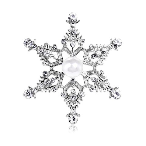 Elegant Snowflake Brooch With Faux Artificial Pearl Rhinestone Inlaid Alloy Winter Christmas Wedding Party Pin For Women Jewelry