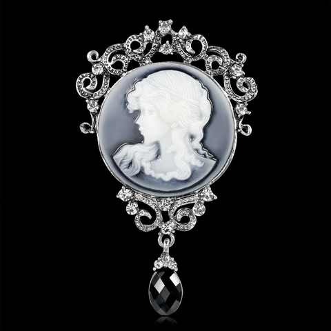 Vintage Victorian Cameo Brooch Alloy Silver Rhinestone Queen Portrait Teardrop Pendant Retro Baroque Jewelry For Women
