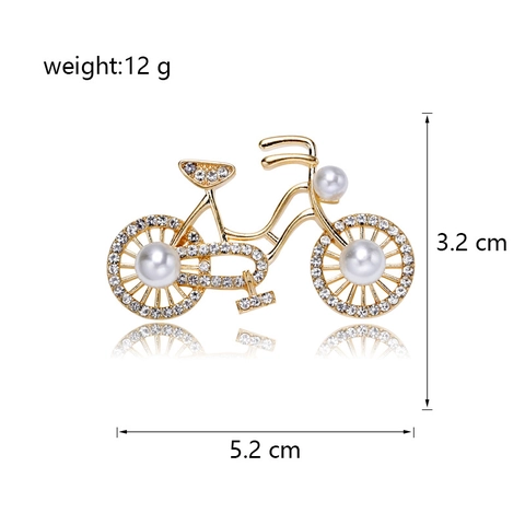 Broche de Bicicleta Vintage en Aleación de Zinc Con Diamantes de Imitación y Perlas Artificiales Decoración Color Dorado Alfiler de Moda para Mujeres Accesorios de Banquete