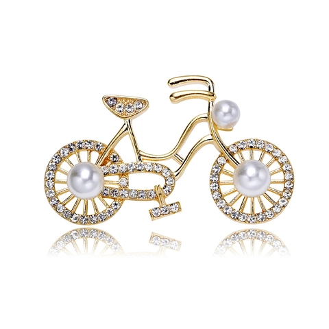 Broche de Bicicleta Vintage en Aleación de Zinc Con Diamantes de Imitación y Perlas Artificiales Decoración Color Dorado Alfiler de Moda para Mujeres Accesorios de Banquete