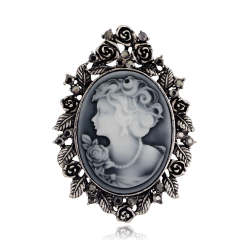 Broche Camée Style Victorien Vintage Pour Femme Argent Or Antique Alliage Rose Floral Strass Portrait Broche