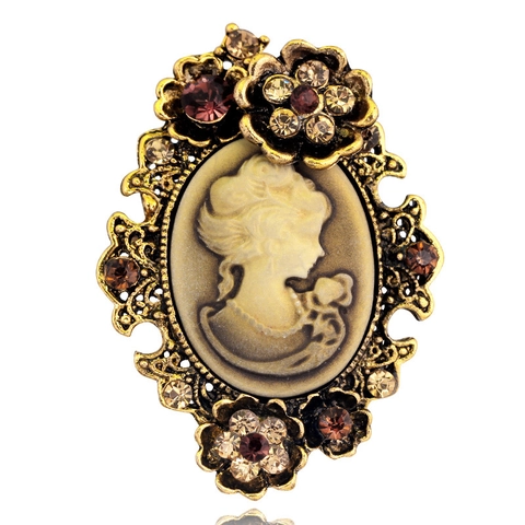 Spilla in Lega Europea Vintage con Cammeo e Ritratto di Bellezza con Decorazione in Strass Oro Argento Antico Gioielli Moda Donna