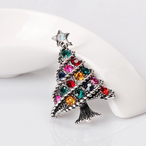 Broche Sapin de Noël Vintage Avec Strass Multicolores Alliage Épingle Festive Bijoux pour Fête Femmes Hommes Cadeau
