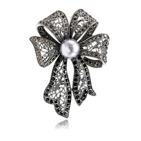 Vintage Legierung Schleife Brosche Für Damen Antiksilber Hohlendesign Strass Künstliche Perle Anstecknadeln Mode Kleidung Schmuck Zubehör