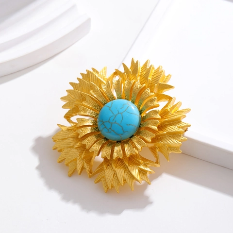 Spilla a Fiore in Lega Dorata Vintage per Donna Stile Monet con Centro in Turchese Blu e Strass Gioielli per Abito