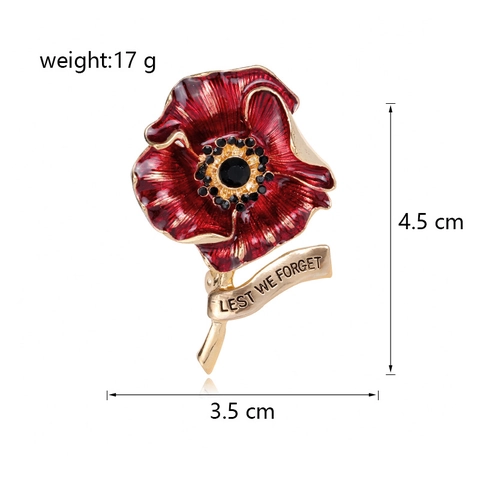 Zinc Alloy Red Poppy Flower Brooch Rhinestone Enamel Memorial Lest We Forget Ribbon Pin Jewelry For Women Men Unisex Accessory